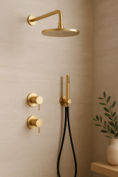 Waterevolution Flow Set de douche encastrable avec mitigeur thermostatique de douche effet pluie et douchette PVD Or Clair Brossé
