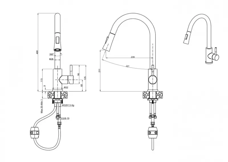 Quadri Leeds mitigeur de cuisine avec douchette extractible avec 2 réglages PVD or brossé 1208955910