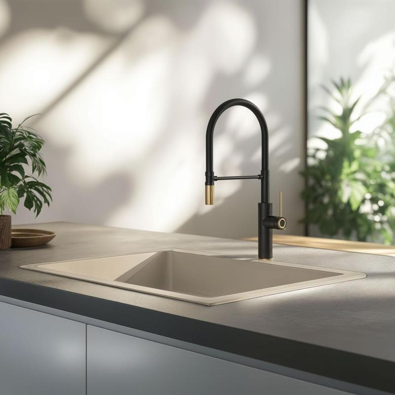 Quadri Retford Mitigeur de Cuisine Noir avec Finition Dorée et Bec Flexible Noir 1208956092