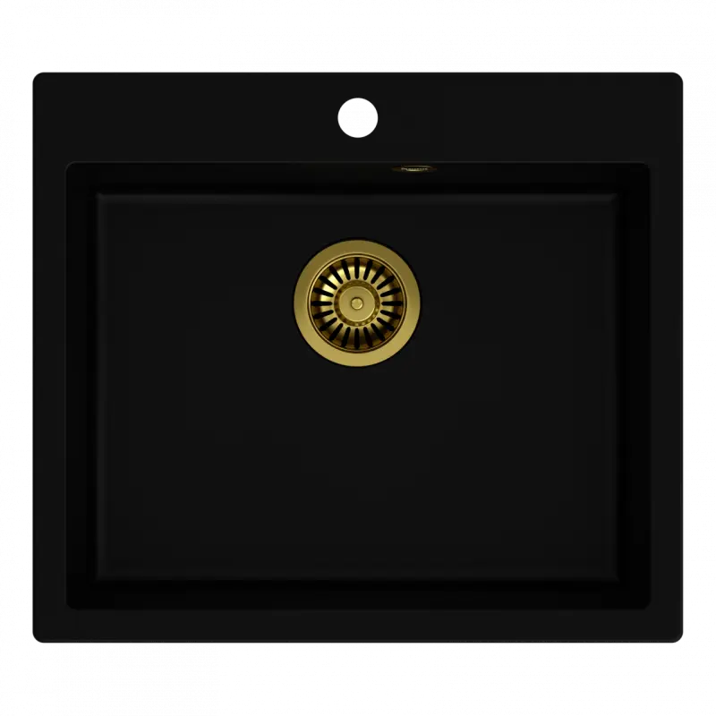 Quadri Sheffield évier à fleur de plan de travail en granit noir 57x50cm avec trou de robinetterie et panier pour bonde doré 1208956116