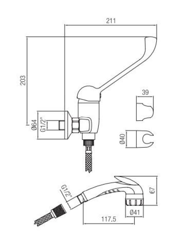 PB Clinic mitigeur de douche pour handicapés avec levier long, chromé avec douchette 1208956283