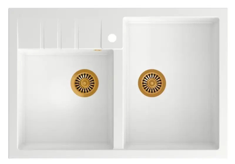 Quadri Minister Evier double blanc modèle rustique 90x62cm avec panier pour bonde et trop-plein en cuivre 1208956329