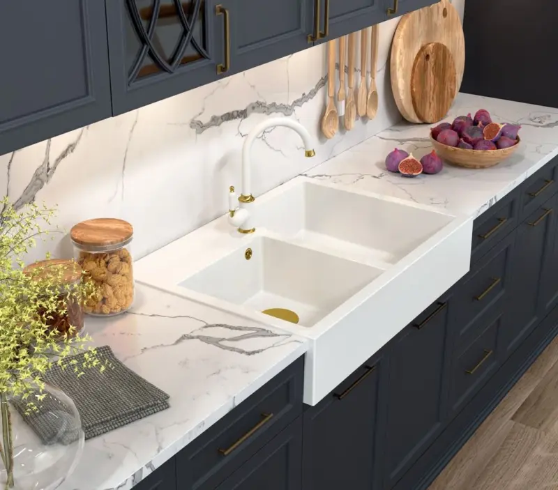 Quadri Minister Evier double blanc modèle rustique 90x62cm avec panier pour bonde et trop-plein en cuivre 1208956329