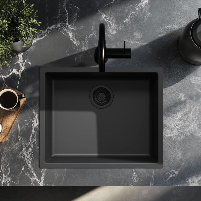 Évier noir 50x40cm montage par dessus par dessous ou montage affleurant avec bouchon noir 1208956396