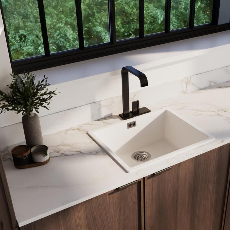 Evier blanc 50x40cm sous plan, à fleur de plan ou en surface avec bouchon inox 1208956397