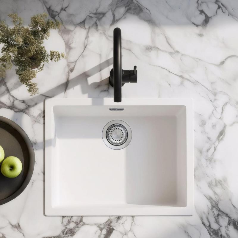 Evier blanc 50x40cm sous plan, à fleur de plan ou en surface avec bouchon inox 1208956397