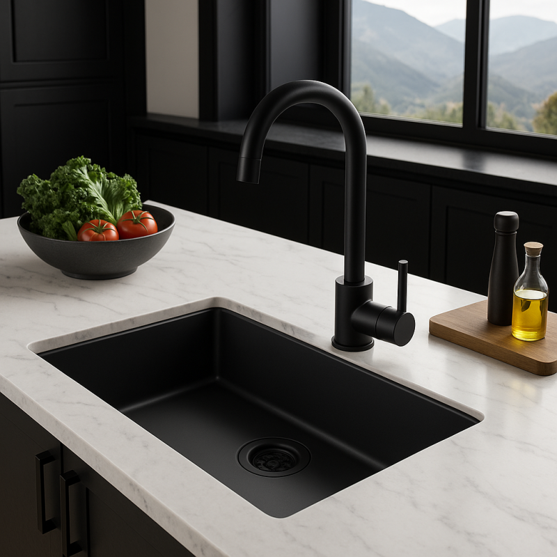 Évier noir 70x40cm montage par dessus par dessous ou montage affleurant avec bouchon noir 1208956401