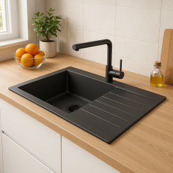 Ausmann Fibre grand évier en plastique noir réversible avec égouttoir en surface 86x50 cm 1208956781