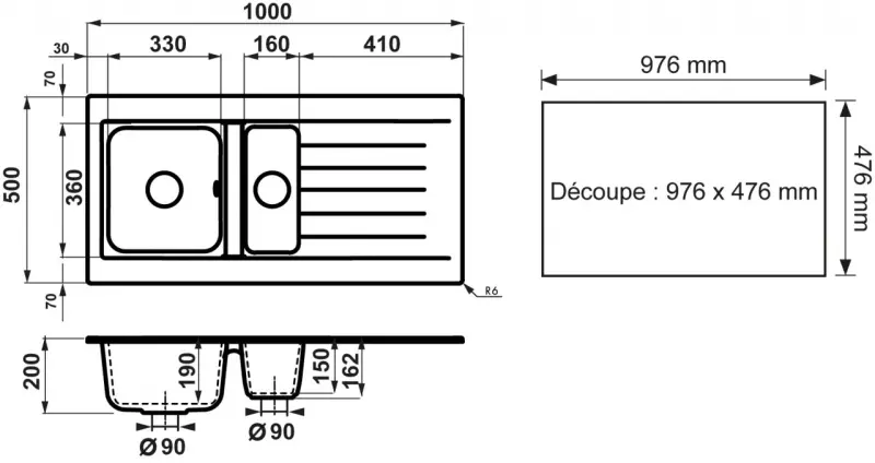 Ausmann Fibre 1,5 évier en plastique noir réversible avec égouttoir apparent 100x50 cm 1208956783