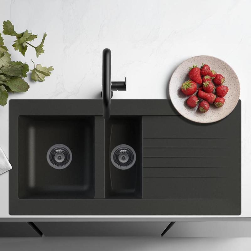 Ausmann Fibre 1,5 évier en plastique noir réversible avec égouttoir apparent 100x50 cm 1208956783