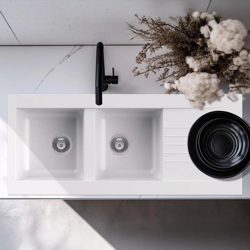 Ausmann Fibre double évier en plastique blanc réversible avec égouttoir 116x50 cm 1208956794