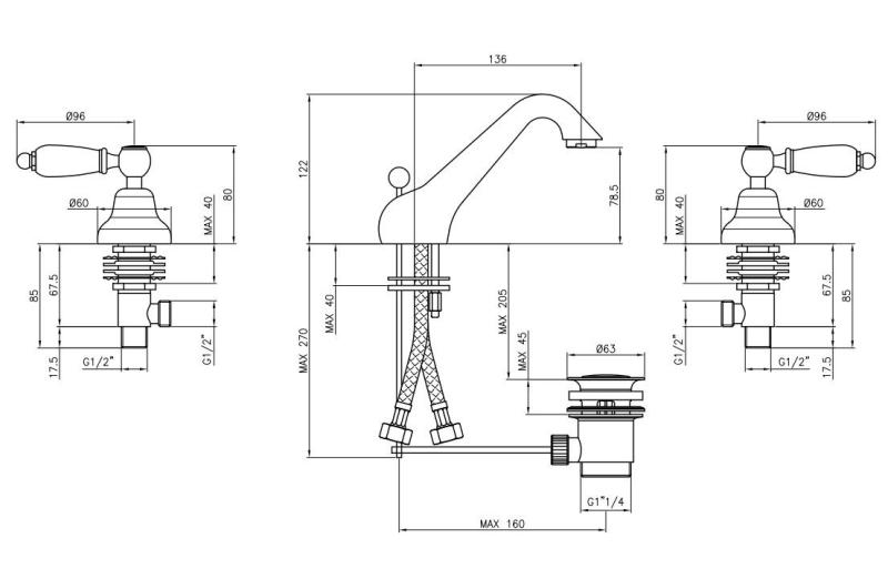 PB classic tap Robinet de lavabo bas 3 trous Poignées blanches inox 1208956908