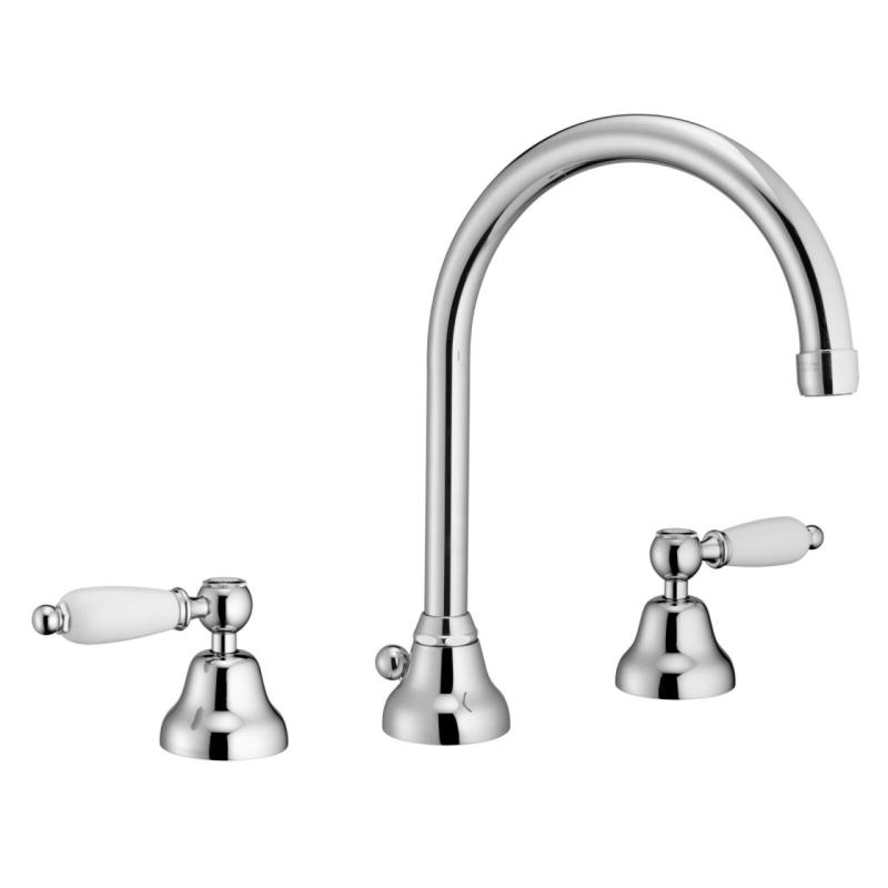 PB classic tap Robinet de lavabo 3 trous Poignées blanches avec bec rond inox 1208956914