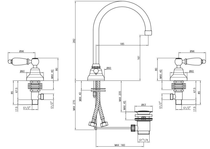 PB classic tap Robinet de lavabo 3 trous Poignées blanches avec bec rond inox 1208956914