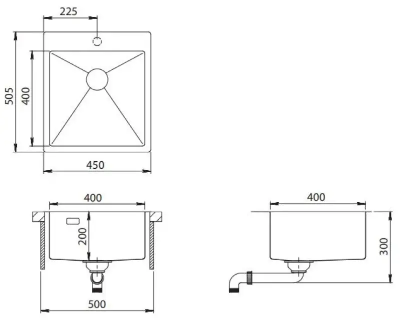 Ausmann Turt évier en inox 450x505mm avec trou de robinetterie pour montage sous plan, à fleur de plan ou en surface 1208956941