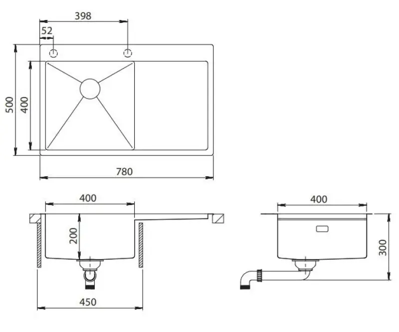 Ausmann Turt évier en inox avec égouttoir à droite 780x500mm montage à fleur de plan de travail ou en surface 1208956954
