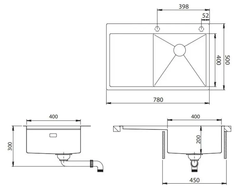 Ausmann Turt évier en cuivre avec égouttoir à gauche 780x500mm montage à fleur de plan de travail ou en surface 1208956955