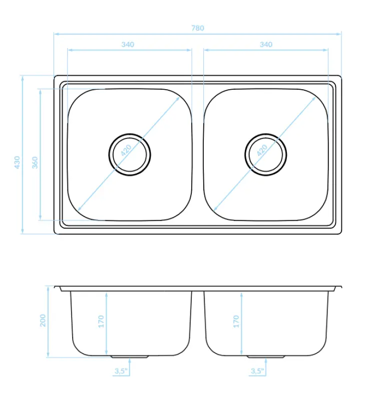 Ausmann Basic double évier à montage en surface en inox 78x43 cm avec siphon 1208956995