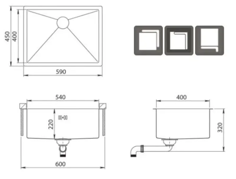 Ausmann Oder évier en inox 54x40cm montage esous plan, à fleur de plan ou en surface extra profond 22cm 1208957113