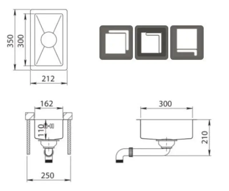 Ausmann Oder petit évier en inox 16x30cm montage sous plan, à fleur de plan ou en surface 1208957115