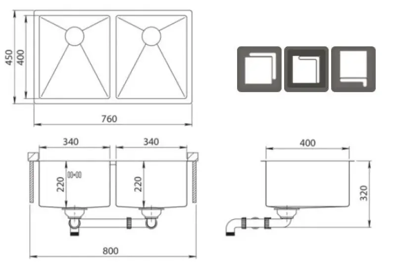 Ausmann Oder double évier en inox 76x45cm avec 2 bacs 34x40 à montage sous plan, à fleur de plan ou en surface extra profond 22cm 1208957116