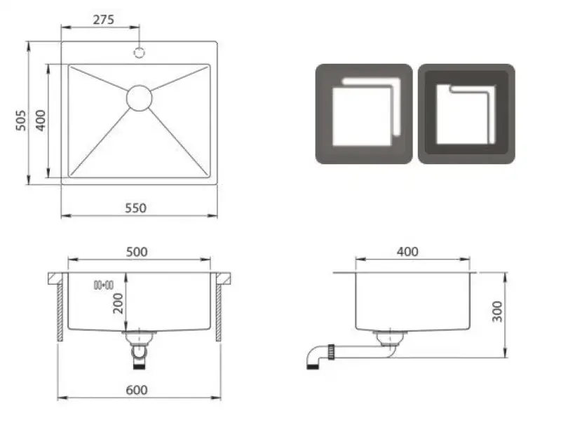 Ausmann Oder Bleu évier en inox 55x50cm pour montage  en surface  ou à fleur de plan de travail avec surface pour robinet 1208957118