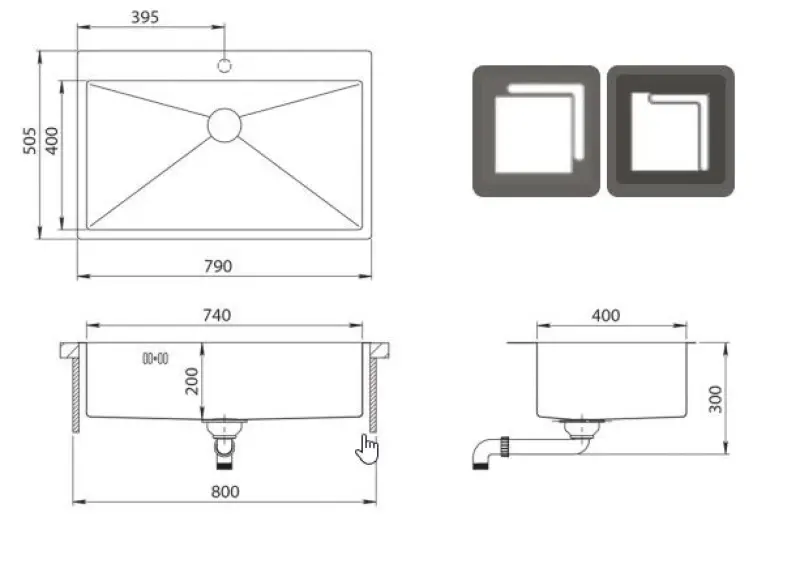 Ausmann Oder Bleu grand évier en inox 79x50cm pour montage  en surface ou à fleur de plan de travail  avec surface pour robinet 1208957119