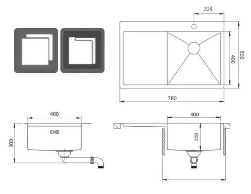 Ausmann Oder Bleu évier en inox 78x50cm à montage à fleur de plan de travail ou en surface avec égouttoir 1208957121