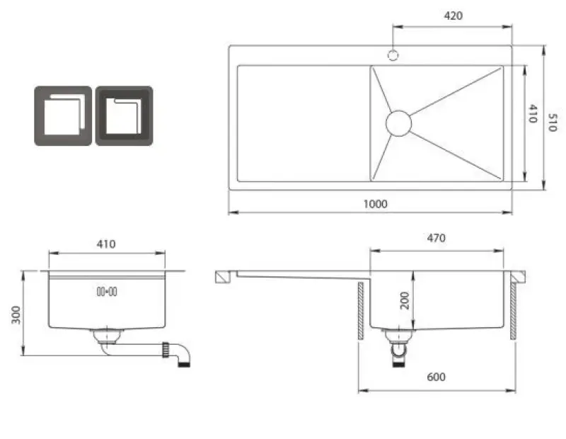 Ausmann Oder Bleu grand évier en inox 100x51cm à montage à fleur de plan de travail ou en surface avec égouttoir 1208957123