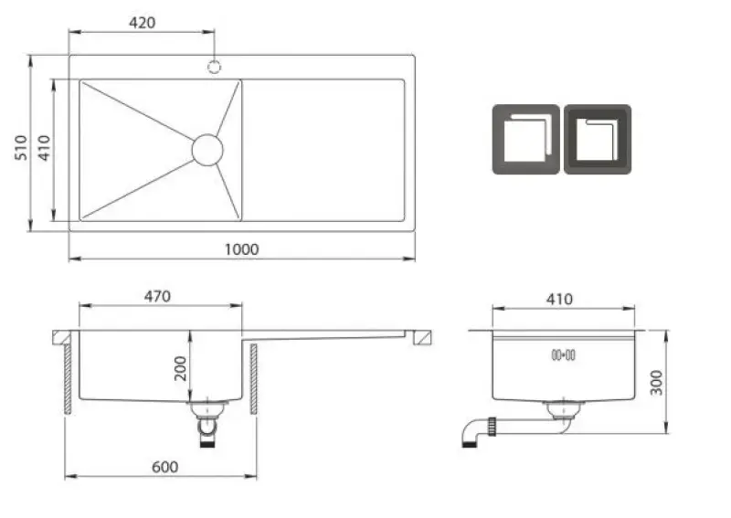 Ausmann Oder Bleu grand évier en inox 100x51cm à montage à fleur de plan de travail ou en surface avec égouttoir 1208957124