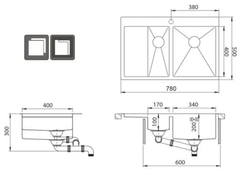 Ausmann Oder Blue 1.5 évier en inox 78x50cm à montage à fleur de plan de travail ou en surface avec égouttoir 1208957125