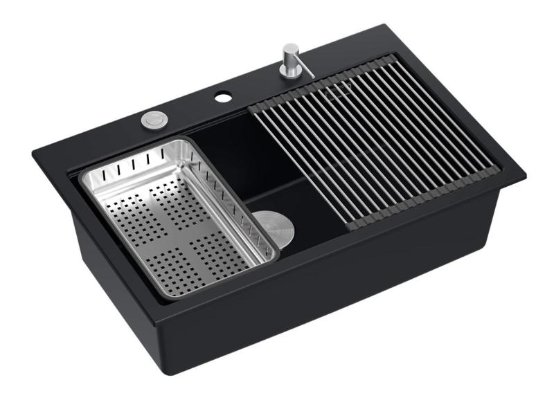 Quadri noir mat granit pierre dure grand évier à montage en surface 76x50cm y compris accessoires 1208957201