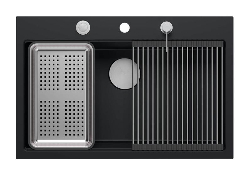 Quadri noir mat granit pierre dure grand évier à montage en surface 76x50cm y compris accessoires 1208957201