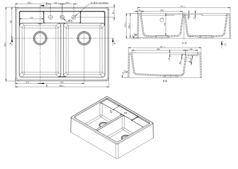 GraniteMy Farmhouse Évier double rustique en granit 80x63 cm blanc intermédiaire et sous plan 1208957290