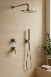 Ensemble de douche encastré Waterevolution Flow chromé avec thermostat, douche à effet pluie et douchette à main 1208957343