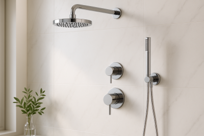 Ensemble de douche encastré Waterevolution Flow chromé avec thermostat, douche à effet pluie et douchette à main 1208957343