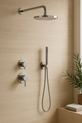 Ensemble de douche encastré Waterevolution Flow chromé avec thermostat, douche à effet pluie et douchette à main 1208957343