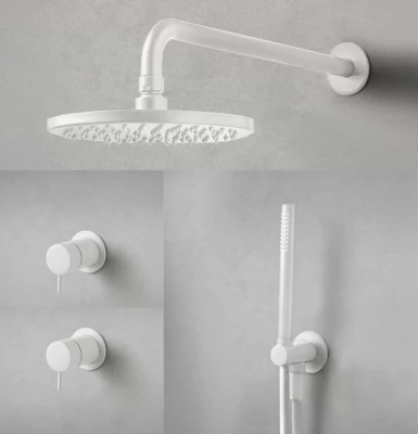 Ensemble de douche encastré Waterevolution Flow blanc mat avec thermostat, douche à effet pluie et douchette à main 1208957344