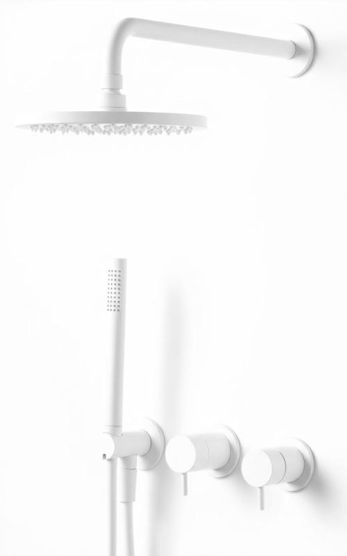 Ensemble de douche encastré Waterevolution Flow blanc mat avec thermostat, douche à effet pluie et douchette à main 1208957344