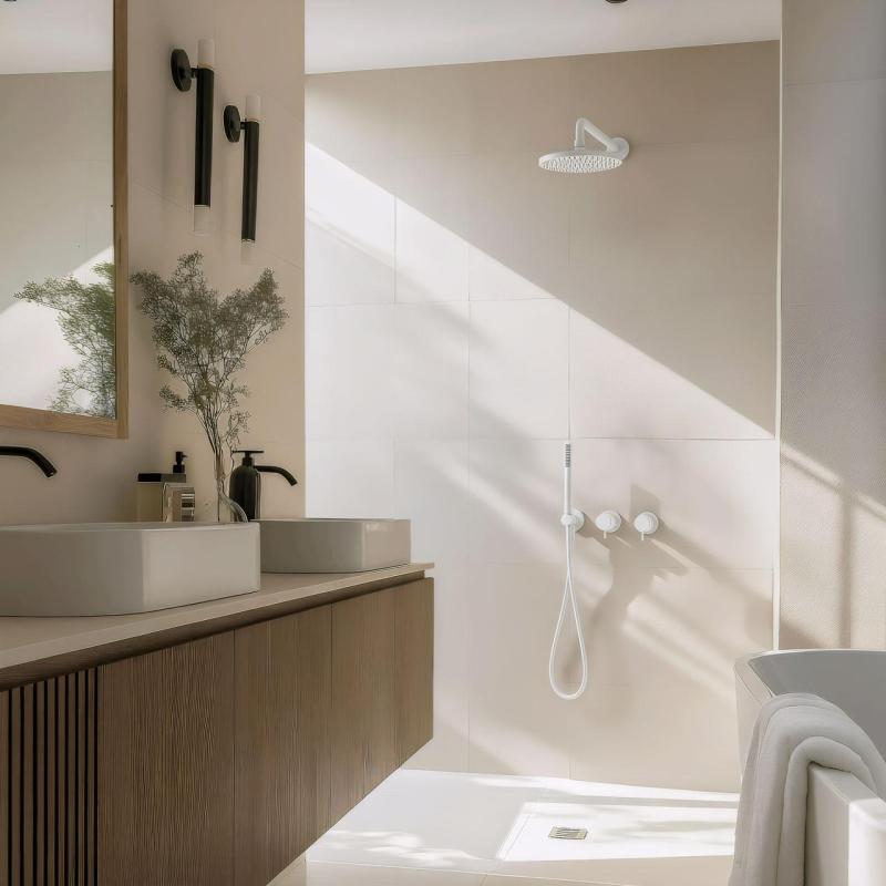 Ensemble de douche encastré Waterevolution Flow blanc mat avec thermostat, douche à effet pluie et douchette à main 1208957344
