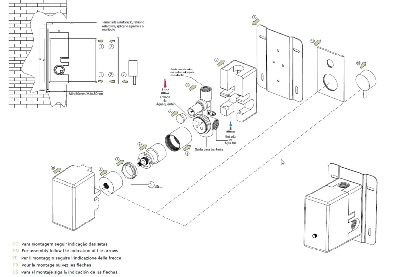 Ensemble de douche encastré Waterevolution Flow blanc mat avec thermostat, douche à effet pluie et douchette à main 1208957344