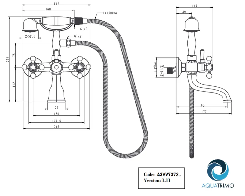 AquaTrimo Vivaldi Classic Mélangeur de bain apparent avec manettes à croisillons Chromé avec douchette 43VV7372CM