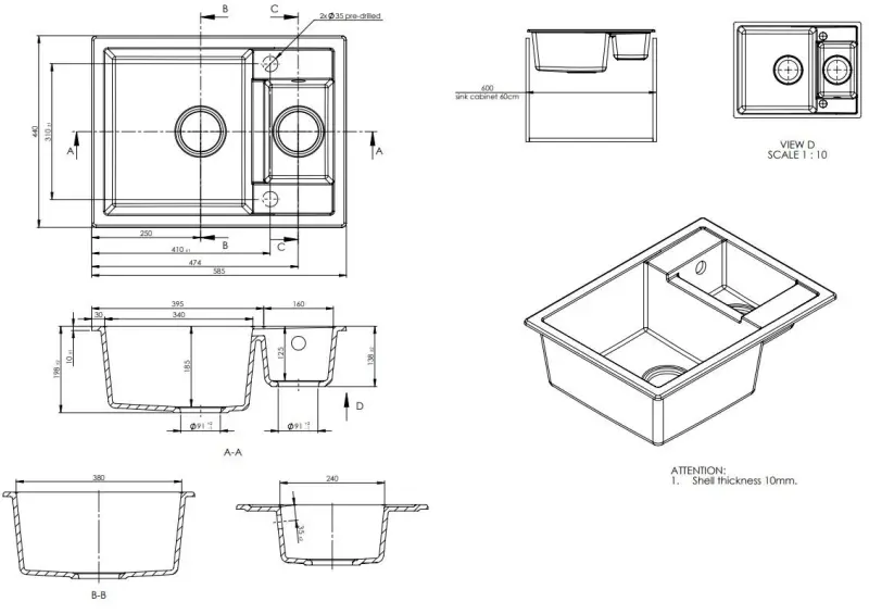 GraniteMy Smart évier en surface extra plat 1,5 granit noir réversible 58x44cm 1208957386