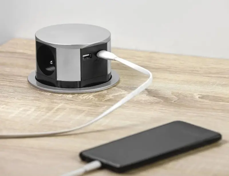 Indux Push prise de cuisine à encastrer argentée dans le plan de travail avec mise à la terre type F et 3 prises et 2 x USB 1208957412