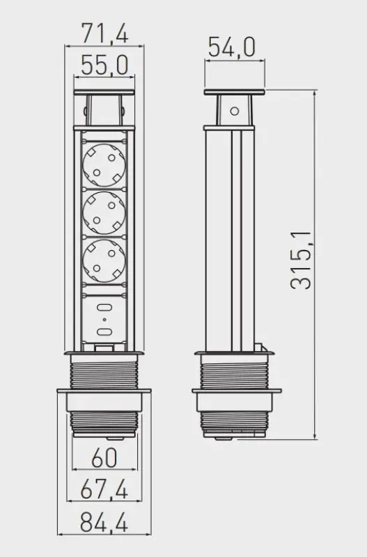 Indux Up & Down petite bloc multiprise à encastrer noir dans le plan de travail avec mise à la terre type F et 3 prises et 2 x USB 1208957416