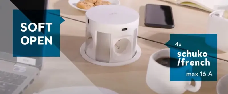 Indux Push bloc multiprise blanc à encastrer dans le plan de travail avec mise à la terre type F, 4 prises, 2 x USB, 2 x RJ45 et chargement sans fil 1208957419