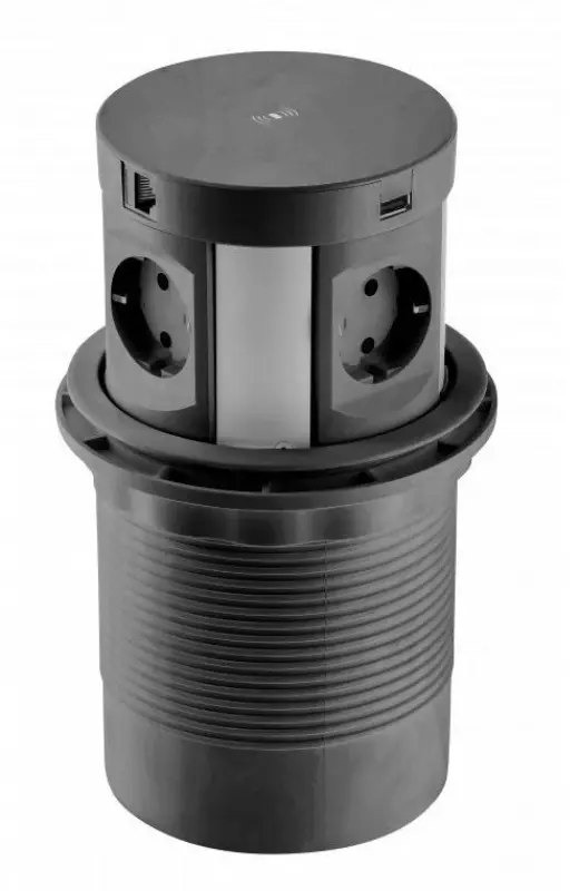 Indux Push bloc noir multiprise à encastrer dans le plan de travail avec  4 prises et mise à la terre type F, 2 x USB, 2 x RJ45 et chargement sans fil 1208957420