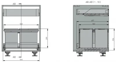 Garbi Basket B-60-4-H système de tri des déchets pour tiroir 60cm incl. support et 4 bacs à déchets 1208957472