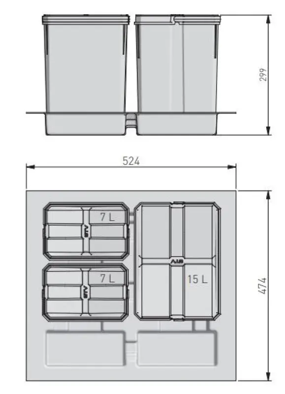 Garbi Basket B-60-3 système de tri des déchets pour tiroir 60cm incl. support et 3 bacs à déchets 1208957473