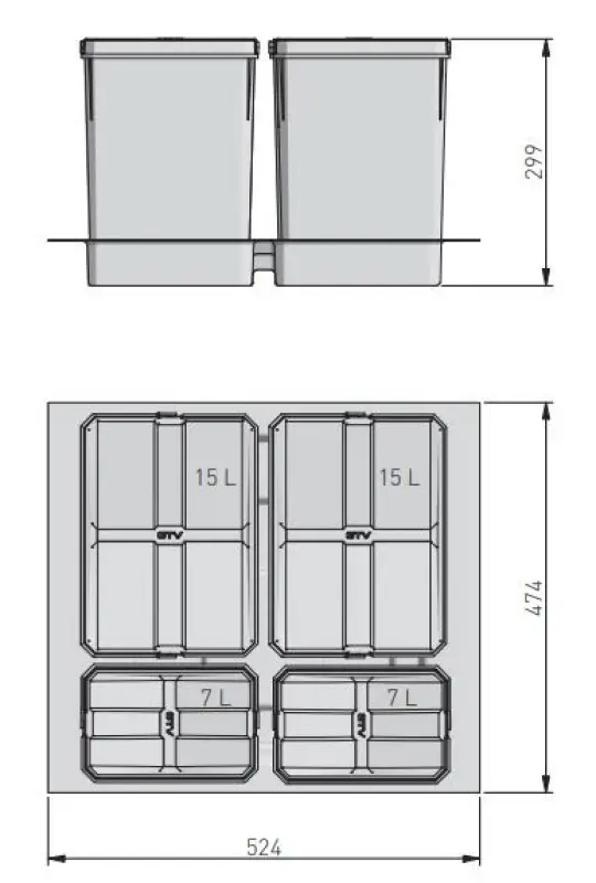 Garbi Basket B-60-4 système de tri des déchets pour tiroir 60cm incl. support et 4 poubelles 1208957475